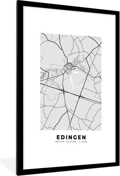 Fotolijst incl. Poster Zwart Wit- België – Edingen – Stadskaart – Kaart – Zwart Wit – Plattegrond - 60x90 cm - Posterlijst