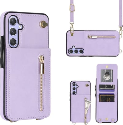 Geschikt Voor Samsung Galaxy S23 FE Hoesje Met Koord - Solidenz Portemonnee Hoes S23 FE - Telefoonhoesje Met Koord S23 FE - Wallet Case - Cover Hoes Met Koordje - S23FE - Paars