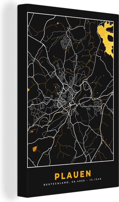 Canvas Schilderij Plauen - Stadskaart - Plattegrond - Kaart - Goud - Duitsland - 20x30 cm - Wanddecoratie