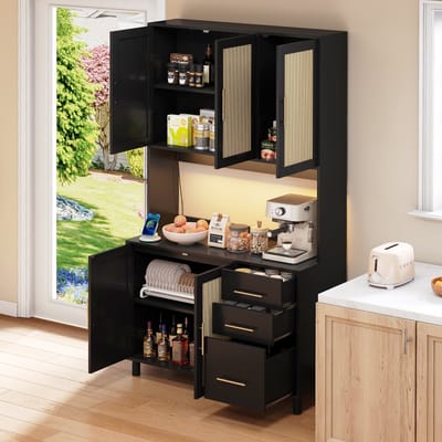 DESMIU Keukendressoir - Met Ledverlichting En Stopcontacten - Met Lades En Verstelbare Planken Voor Keuken En Eetkamer - MDF - 183 Cm - Zwart