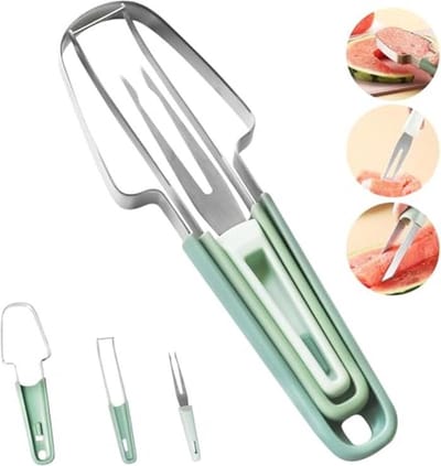 Watermeloen en fruit snijder 3-in-1 van roestvrij staal, multifunctionele meloensnijder voor eenvoudige snijding van watermeloen, cantaloupe, papaja en mango