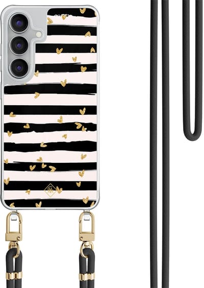 Casimoda® hoesje met zwart koord - Geschikt voor Samsung S25 FE - Hart Streepjes - Afneembaar koord - TPU/polycarbonaat - Zwart