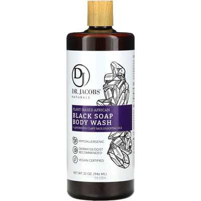 Dr. Jacobs Naturals, Gel douche au savon noir botanique africain, huiles essentielles de lavande et de sauge sclarée, 940 ml (946ml) black