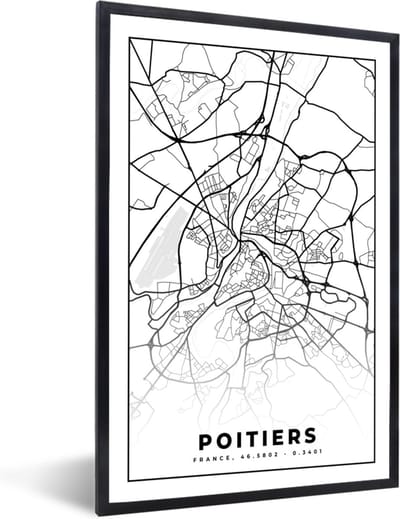 Fotolijst incl. Poster Zwart Wit- Plattegrond - Kaart - Poitiers - Frankrijk - Stadskaart - Zwart wit - 40x60 cm - Posterlijst