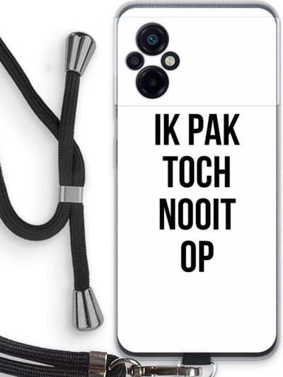 Case Company® - Hoesje met koord geschikt voor Xiaomi Poco M5 hoesje met Koord - Ik pak nooit op - Telefoonhoesje met Zwart Koord - Bescherming aan alle Kanten en Over de Schermrand