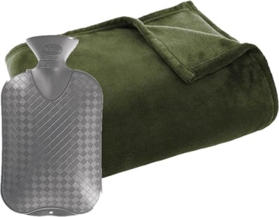 Fleece deken/plaid Olijf groen 125 x 150 cm en een warmwater kruik 2 liter