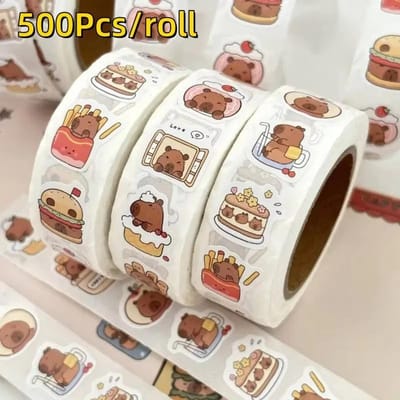 500 Stuks Capybara Stickers Rol Waterdicht PVC Zelfklevende Decals Schattig Dier & Voedsel-Thema Perfect voor Laptops Scrapbook Telefoons