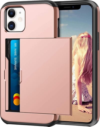 Pasjeshouder Hoesje Geschikt voor Apple iPhone 12 – Shockproof Hardcase Backcover met Verborgen Kaartvak – Roze
