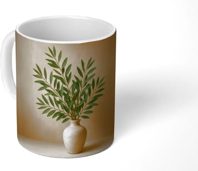 Mok - Koffiemok - Vaas - Olijftakken - Bladeren - Beige - Mokken - 350 ML - Beker - Koffiemokken - Theemok