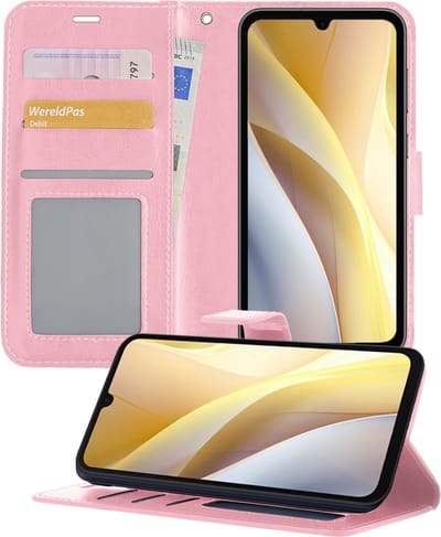 Hoesje - Met Pasjeshouder - Geschikt voor Samsung Galaxy A15 - Luxe Bookcase Portemonee - Flip Case - Kunstleer Book Case - Flipcase - Book Cover - Walletcase - Portemonneehoes - Telefoonhoesjes - Lichtroze