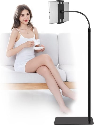 vloerstandaard met dubbel gewichtsbasis 360-graads draaibare metalen houder voor iPad Mini Air Pro, alle mobiele telefoons iPhone en tablet, 4.5-12.9-inch