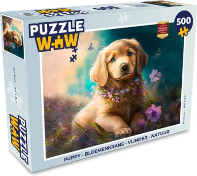 Puzzel Puppy - Bloemenkrans - Vlinder - Hond - Golden retriever - Legpuzzel - Puzzel 500 stukjes