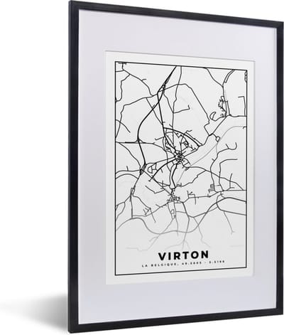 Fotolijst incl. Poster Zwart Wit- België – Virton – Stadskaart – Kaart – Zwart Wit – Plattegrond - 30x40 cm - Posterlijst