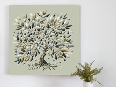 Modern olijfboom schilderij | Olijfgroen: een abstracte ode aan de moderne natuurpracht | Kunst - 50x50 centimeter op Dibond | Foto op Dibond