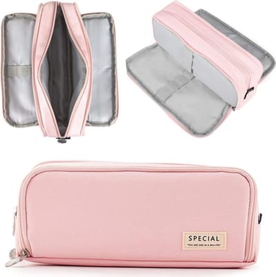 Pennenetui voor meisjes en jongens, Bevat 3 compartimenten, groot, etui voor meisjes en tieners, voor kinderen, studenten, volwassenen, school, kantoor, make-up, cadeau, roze, visitekaartjeshouder-Roze