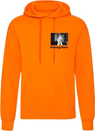 Koningsdag hoodie - Koningsdag trui met afbeelding van de Koning - Oranje - Koning Baco - Maat S