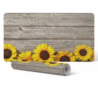Vinyl bureauonderlegger met zonnebloemprint op houten achtergrond, 90x45 cm