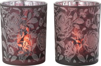 J-Line windlicht Bloemen - glas - paars/zilver - medium - 2 stuks