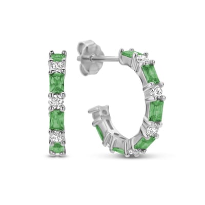New Bling 9NB-1034 Zilveren Halve Oorringen met zirkonia 15 mm - 2 mm Breed - Groen - Pouchette - Rhodium - Zilver