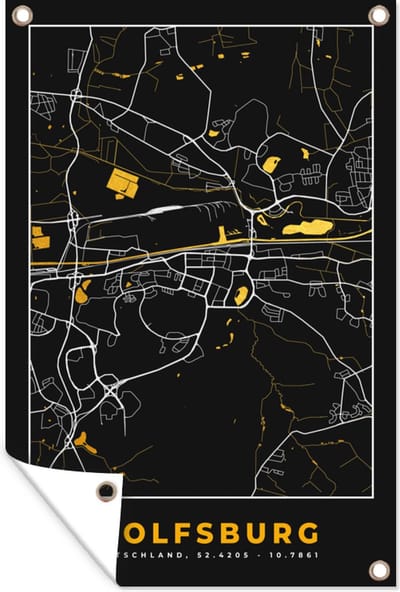 Muurdecoratie Black and Gold – Stadskaart – Wolfsburg – Duitsland – Plattegrond – Kaart - 120x180 cm - Tuinposter - Tuindoek