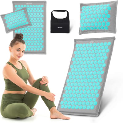 HyperMotion ECO Acupressuurmat - Spijkermat met Spijkerkussen - met Kokosvezel en Boekweitkussen – 68 cm – Grijs/Mint
