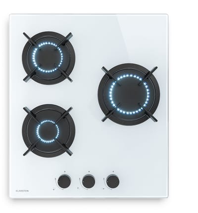 Klarstein Gaskookplaat Goldflame gasfornuis, 3 branders, 5800 W, gehard glas en messing, LPG/aardgas, automatische ontsteking, vlambeveiliging, compact 45 x 52 cm, makkelijk schoon te maken, slang- en regelaarset - elektrische Ontsteking