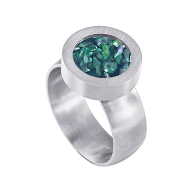 Quiges RVS Schroefsysteem Ring Zilverkleurig Mat 16mm met Verwisselbare Donkerblauwe Vlokjes Schelp 12mm Mini Munt