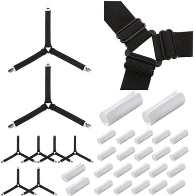 Dailygoods - Bedlakenhouders, set van 8 stuks, verstelbare bedbevestigingen, zwart, 24 stuks, dekbedovertrek, clips, wit, elastisch, voor laken, matras, strijkplank, bank