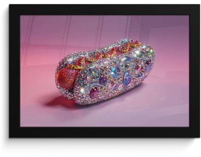 Poster in lijst - Fotolijst 30x20 cm - Posters - Hotdog - Steentjes - Glitters - Paars - Posterlijst zwart - Decoratie - Wanddecoratie woonkamer - Muurdecoratie slaapkamer