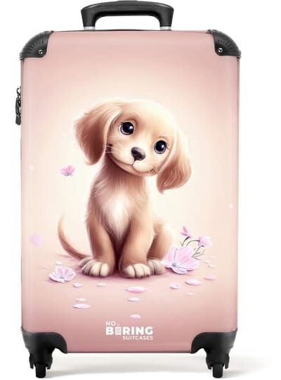 NoBoringSuitcases.com - Koffer - Puppy tussen bloemblaadjes op roze achtergrond - Past binnen 55x40x20 cm en 55x35x25 cm - Trolley handbagage - Valiezen met wieltjes volwassenen - Reiskoffer op wielen - Rolkoffer lichtgewicht