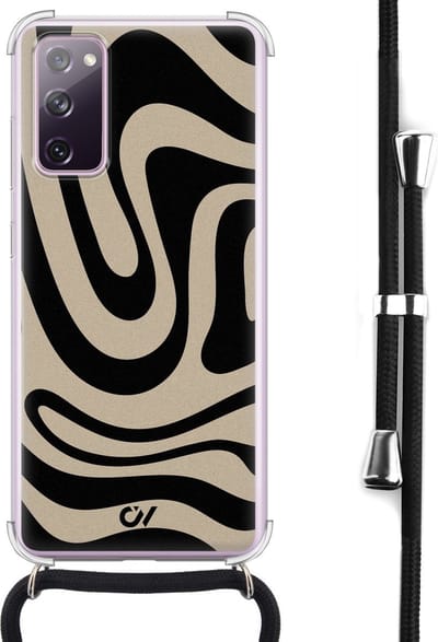Telefoonhoesje met koord geschikt voor Samsung S20 FE - Abstract Black Waves - Inclusief koord - Transparant, Zwart - - Crossbody beschermhoes - Met Telefoonketting