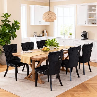 Puluomis Eetkamerstoel - Set Van 6 - Zwart - Fluweel - Velvet - Massief houten poten - Stoel