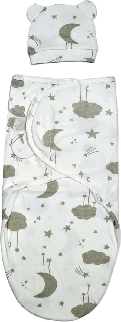 THINGS-TO-BUY Inbakerdoek – met los Mutsje – Grijze Maan, Sterren & Wolken Print – 0-3 maanden – 100% Katoen – Omslagdoek Slaapzak – Kraamcadeau – Baby – Newborn