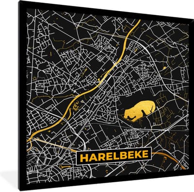 Fotolijst incl. Poster - Stadskaart - Harelbeke - Plattegrond - Goud - Kaart - 40x40 cm - Posterlijst