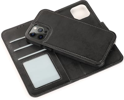 geschikt voor iPhone 12 Pro Max 2-in-1 Hoesje met Magnetische Backcover - Telefoonhoesje met vakjes voor pasjes - Inclusief polsbandje - Mobiq Magnetische 2-in-1 Wallet Case geschikt voor iPhone 12 Pro Max zwart