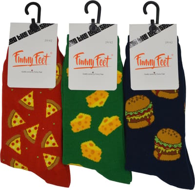 Funny Feet sokken - Happy kousen snack - cadeau - grappige sokken - 3 paar - rood- Maat 39/42