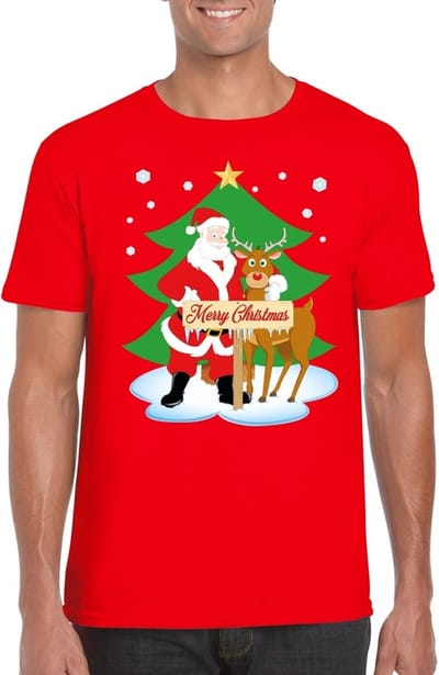 Bellatio Decorations Foute Kersttrui t-shirt - kerstman en rendier Rudolf - rood - voor heren S