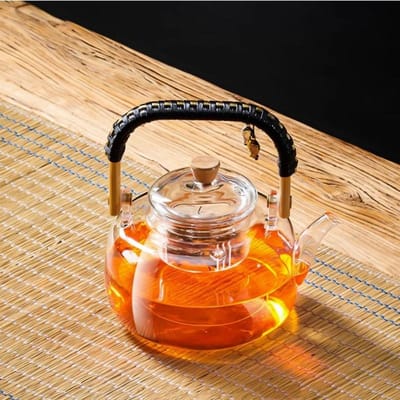 Théière en verre avec poignée tressée, théière chinoise en verre résistant à la chaleur, bouilloire en verre transparente pour thé fumant, service à thé beige