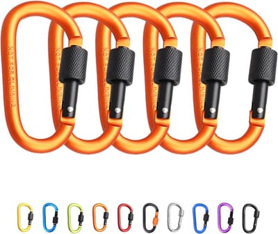 Set van 5 Vergrendelbare Carabiners - 7.8cm Oranje Aluminium D-Ring voor Sleutels, Kamperen, Wandelen en Vissen