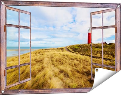 Gards Tuinposter Doorkijk Vuurtoren met Duinen in Texel - 90x60 cm - Tuindoek - Tuindecoratie - Wanddecoratie buiten - Tuinschilderij
