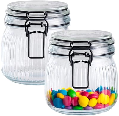 Alpina Voorraad/weck pot - 2x - transparant - geribbeld glas - 12 x 11 cm - 0.5 L