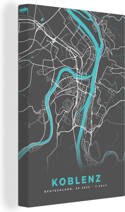 Canvas Schilderij Plattegrond – Koblenz – Blauw – Stadskaart – Kaart - Duitsland - 20x30 cm - Wanddecoratie