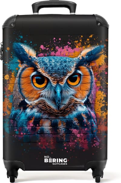 NoBoringSuitcases.com® - Handbagage koffer lichtgewicht - Reiskoffer trolley - Uil in kleurrijke graffiti stijl - Rolkoffer met wieltjes - Past binnen 55x40x20 en 55x35x25