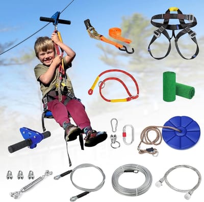 Kabelbaanset Kinderen - Zipline Speelset - Buiten spelen - Met veerrem - 47 meter - Blauw