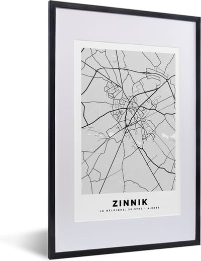Fotolijst incl. Poster Zwart Wit- Stadskaart – Zwart Wit - Kaart – Zinnik – België – Plattegrond - 40x60 cm - Posterlijst