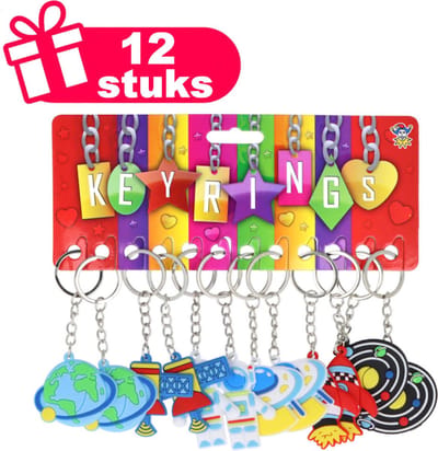 Henbrandt - 12 Stuks Space/ Ruimtevaart Mix Sleutelhangers - Traktatie uitdeelcadeautjes voor kinderen & peuters - Traktaties en kinderverjaardagen - Klein grabbelton speelgoed voor in traktatie uitdeelzakjes