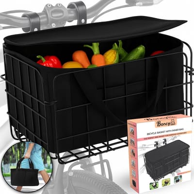 Boncy® Premium Fietsmand Boodschappen - Fietskrat met uitneembare tas - 17 Liter Fiets Mand Voorop of Achter - Fietsmanden Krat Zwart - Fietskratten Elektrische Fiets - Bagagedrager