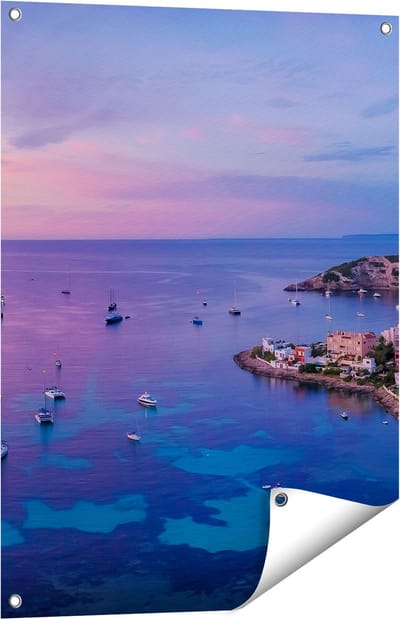 Gards Tuinposter Ibiza met Boten op het Water bij Zonsopgang - 60x80 cm - Tuindoek - Tuindecoratie - Wanddecoratie buiten - Tuinschilderij
