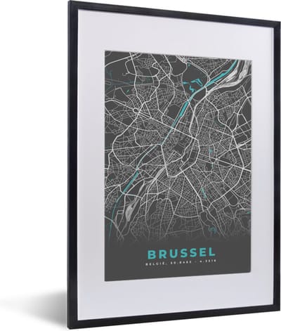 Fotolijst incl. Poster - België – Brussel – Stadskaart – Kaart – Blauw – Plattegrond - 30x40 cm - Posterlijst