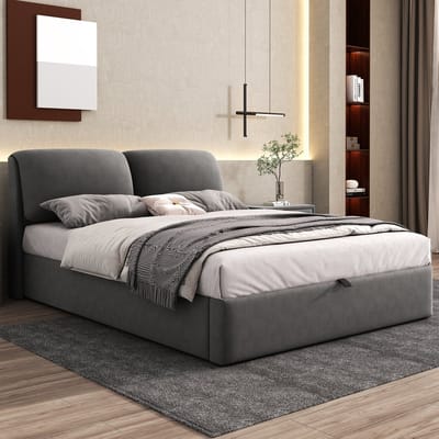 Wishdor Gestoffeerd Bed - 140x200 cm - Hydraulische Opbergruimte En 3 Lades - Verstelbaar Hoofdbord Olifantsoren - Fluweel - Grijs